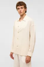 Oversize Long-Sleeved Striped Linen Shirt White