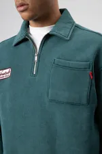 Yaka Fermuarlı Oversize Baskılı Sweatshirt Nefti