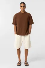 Basic Oversize Düğme Yaka Tişört Kahve