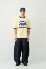 Baskılı Bisiklet Yaka Oversize Tişört Sarı