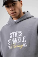 Oversize Nakış Baskılıkapüşonlu Sweatshirt Füme