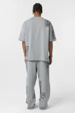 Etnik Desenli Oversize Eşofman Takım Gri