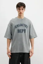 Yıkamalı Yazı Baskılı Oversize Tişört Gri