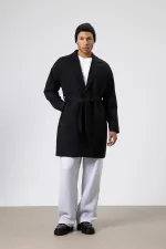 Kemerli Oversize Kaşe Kaban Siyah