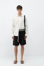 Kemerli Oversize Keten Şort Siyah