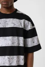 Yıkamalı Şeritli Oversize Tişört Siyah - Beyaz