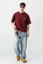 Kısa Kollu Boxy Fit Baskılı Tişört Bordo