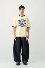 Baskılı Bisiklet Yaka Oversize Tişört Sarı