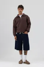 Basic Zip-Up Stand-Up Collar Sweatshirt, Brown