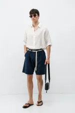 Kemerli Oversize Keten Şort Lacivert