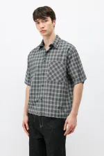 Checked Short-Sleeved Oversize Shirt, Khaki