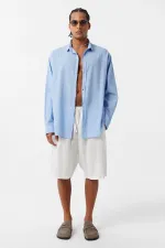 Basic Oversize Long-Sleeve Linen Shirt, Blue