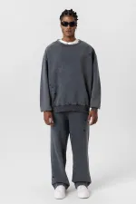 Premıum Yıkamalı Yırtık Detaylı Oversize Eşofman Takım Siyah