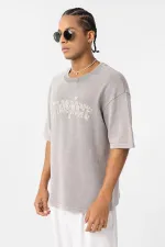 Yıkamalı Oversize Baskılı Tişört Taş