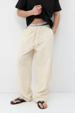 Bel Lastikli Baggy Fit Keten Pantolon Naturel