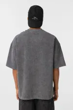 Yıkamalı Cep Detaylı Oversize Tişört Füme