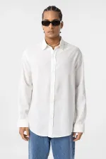Basic Oversize Uzun Kollu Keten Gömlek Beyaz