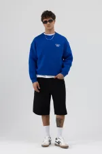 Oversize Bisiklet Yaka Baskılı Sweatshirt Saks