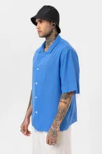 Dikişsiz Kısa Kol Cepsiz Oversize Keten Gömlek Saks