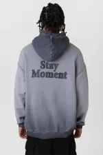 Premıum Yıkamalı Yazı Detaylı Oversize Kapüşonlu Sweatshirt Gri