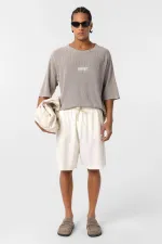 Yıkamalı Oversize Baskılı Triko Tişört Taş