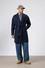 Kemerli Oversize Kaşe Kaban Lacivert