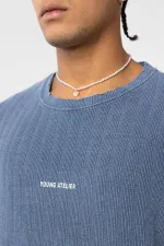 Yıkamalı Arka Baskılı Oversize Tişört İndigo