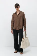 Dokulu Oversize Gömlek Açık Kahve