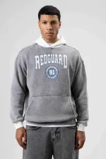 Oversize Baskılı Kapüşonlu Sweatshirt Gri