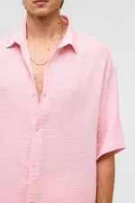 Oversize Kısa Kollu Müslin Kumaş Gömlek Pembe