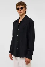 Oversize Çizgili Uzun Kollu Keten Gömlek Siyah