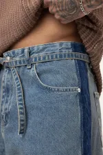 Kemer Detaylı Şeritli Baggy Jean Mavi Melanj