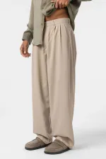 Baggy Fit Pleated Fabric Pants Stone