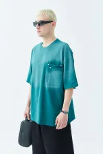 Yıkamalı Cep Detaylı Oversize Tişört Petrol