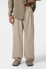 Baggy Fit Pleated Fabric Pants Stone
