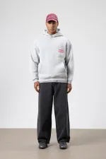 Oversize Yıkamalı Baskılı Kapüşonlu Sweatshirt Açık Gri
