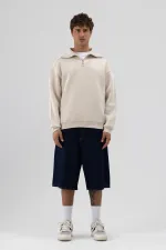 Basic Zip-Up Stand-Up Collar Sweatshirt Stone