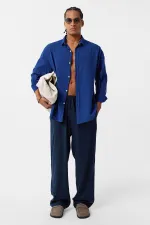 Basic Oversize Pamuk Keten Gömlek Saks Basic Oversize Pamuk Keten Gömlek Saks