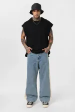 Baggy Fit Jeans with Side Stripes, Light Blue Melange