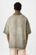 Yıkamalı Kısa Kollu Oversize Gömlek Haki