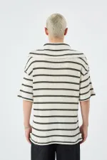Oversize Çizgili Fermuarlı Yaka Triko Tişört Haki