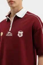 Fermuarlı Yaka Baskılı Oversize Tişört Bordo