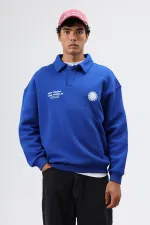 Polo Yaka Oversize Baskılı Yıkamalı Sweatshirt Saks