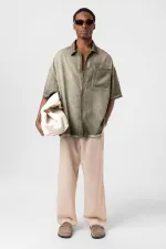 Yıkamalı Kısa Kollu Oversize Gömlek Haki