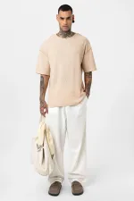 Arka Yazı Baskılı Oversize Triko Tişört Bej