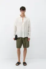 Dokulu Oversize Gömlek Ekru