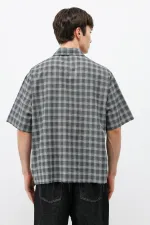 Checked Short-Sleeved Oversize Shirt, Khaki