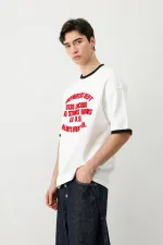 Baskılı Bisiklet Yaka Oversize Tişört Ekru