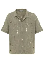 Oversize Deliklı Triko Gömlek Haki