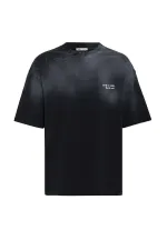 Yıkamalı Yazı Detaylı Oversize Tişört Siyah